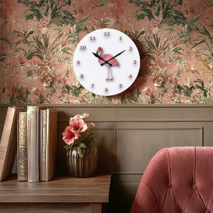 Grande Horloge Ronde Flamant rose brillant avec des chiffres roses