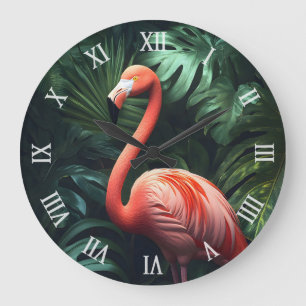 Grande Horloge Ronde Flamant rose dans la Jungle