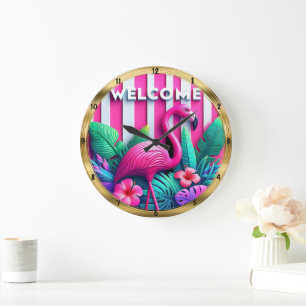 Grande Horloge Ronde Flamant rose de bienvenue Tropical Stripe
