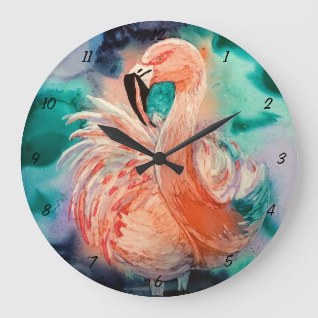 Grande Horloge Ronde Flamant rose de bouffée (Recto)