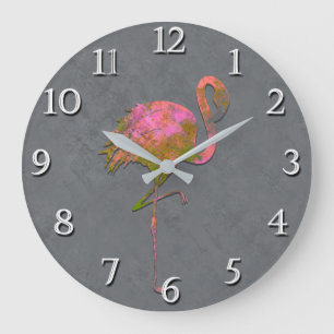 Grande Horloge Ronde Flamant rose D'Été Coloré Chic Gris Moderne