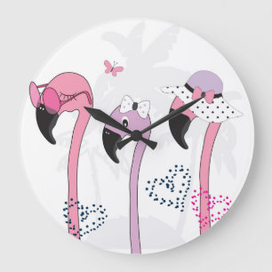 Grande Horloge Ronde Flamant rose d'été : Illustration Vintage de plage