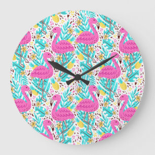 Grande Horloge Ronde Flamant rose d'été tropical : éléments Motifs lumi