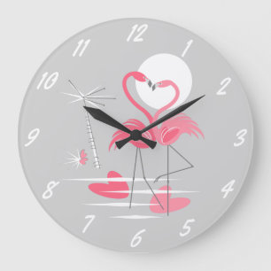 Grande Horloge Ronde Flamant rose Love nombres d'horloge rond