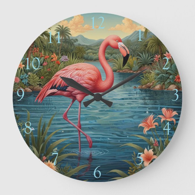 Grande Horloge Ronde flamant rose rétro (Recto)