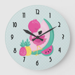 Grande Horloge Ronde Flamant rose rose avec pastèque et ananas