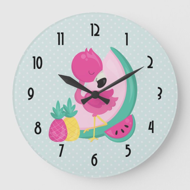 Grande Horloge Ronde Flamant rose rose avec pastèque et ananas (Recto)