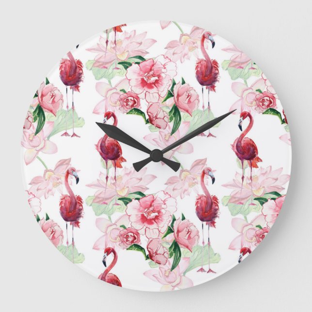 Grande Horloge Ronde Flamant rose rose : Élégance Motif sans couture (Recto)