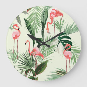 Grande Horloge Ronde Flamant rose rose Fleurs exotiques Motif