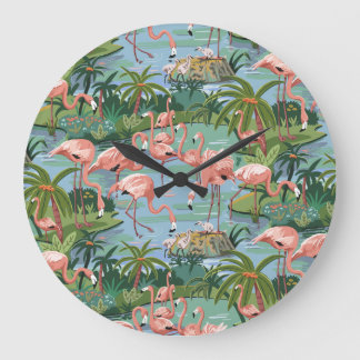Grande Horloge Ronde Flamant rose rose lagon Peinture par numéro