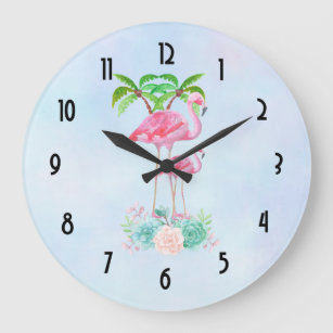 Grande Horloge Ronde Flamant rose rose Momma & bébé avec palmiers