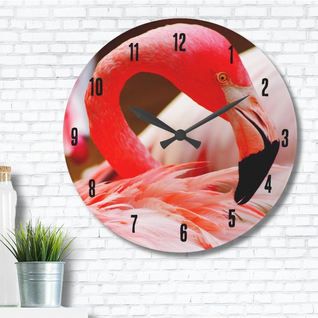 Grande Horloge Ronde Flamant rose rose Tropical (Vibrant Pink Flamingo Feathers Large Clock)
