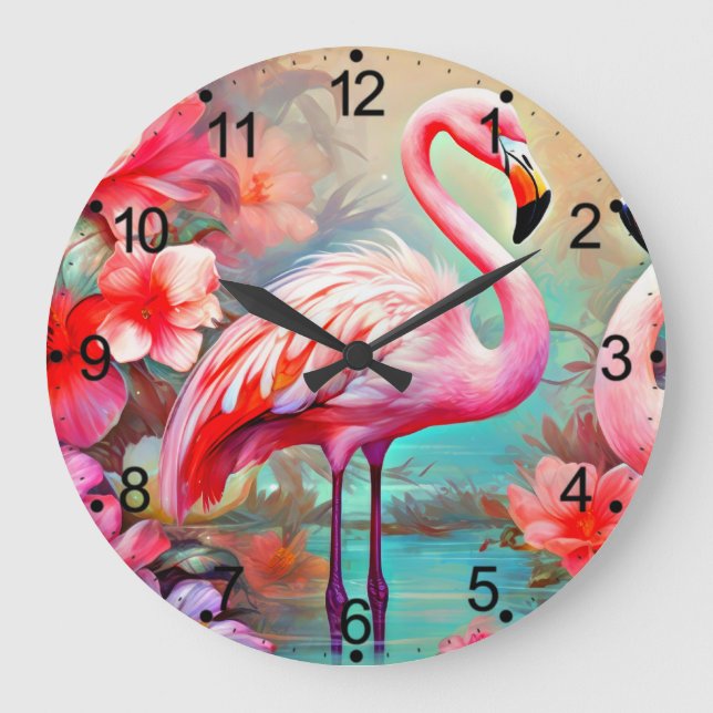 Grande Horloge Ronde Flamant rose rose tropical avec fleurs-87361 (Recto)