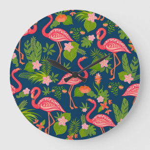 Grande Horloge Ronde Flamant rose rose : Turquoise rayé Vintage
