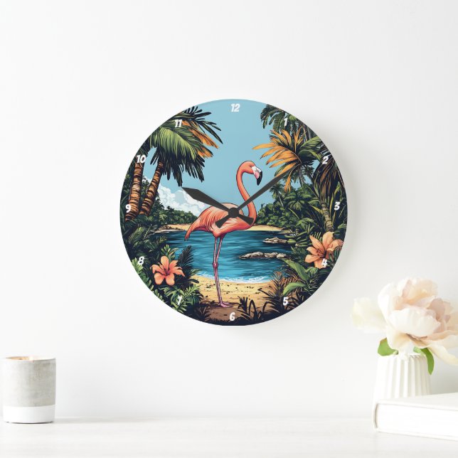Grande Horloge Ronde Flamant rose Tropical Beach Wall Art (Maison)