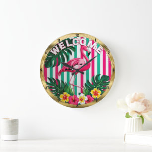 Grande Horloge Ronde Flamant rose tropical Bienvenue : style australien