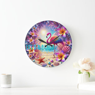 Grande Horloge Ronde Flamant rose tropical coloré Sunset Beach