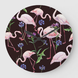 Grande Horloge Ronde Flamants d'aquarelle et fleurs sauvages motif.