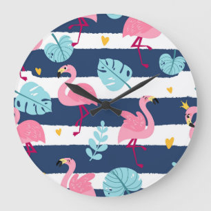 Grande Horloge Ronde Flamants roses de dessin : Summer Tropical Vintage