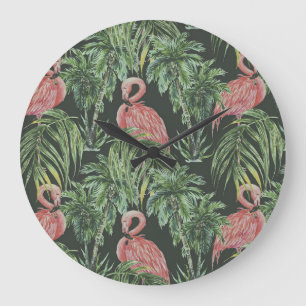 Grande Horloge Ronde Flamants roses, motif vintage tropical.