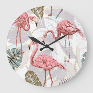 Grande Horloge Ronde Flamants roses, palmiers feuilles : motif vintage.