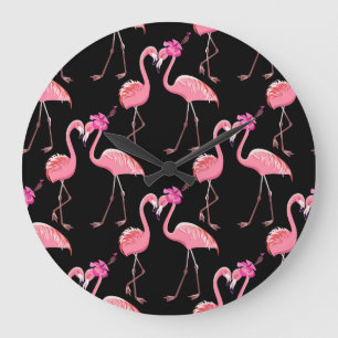 Grande Horloge Ronde Flamants roses roses : Arrière - plan noir Vintage