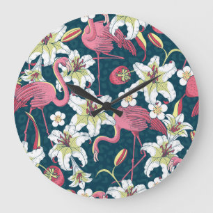 Grande Horloge Ronde Flamants roses tropicaux vintages Lys Motif