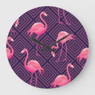 Grande Horloge Ronde Flamants vintages, arrière - plan géométrique viol