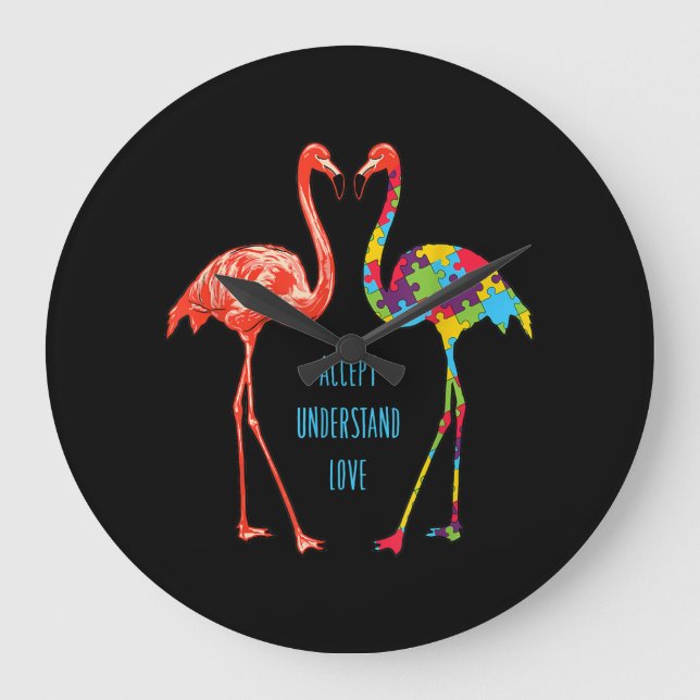 Grande Horloge Ronde Flamingo | Accept Understand Love Autism Flamingo (Recto)