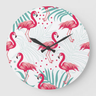 Grande Horloge Ronde Flamingo tropical et feuille, motif d'été.
