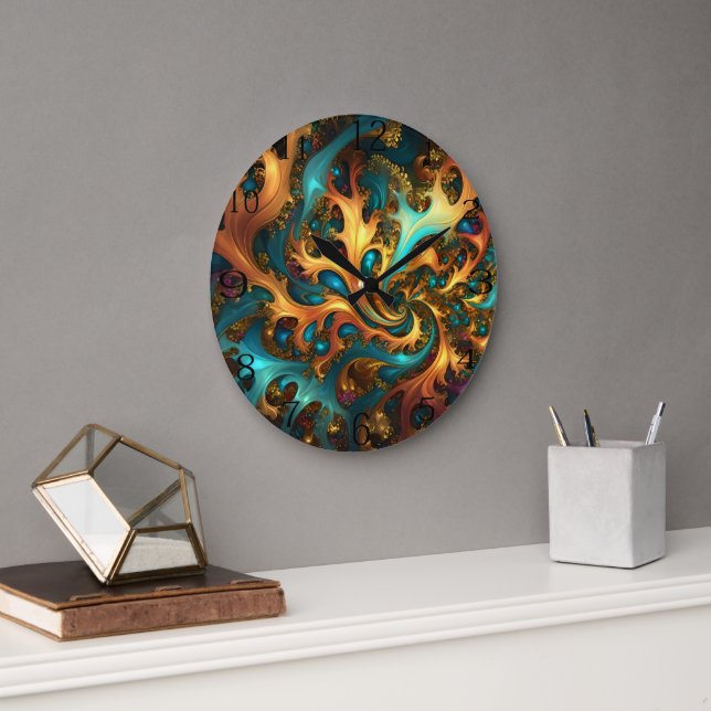 Grande Horloge Ronde Flammes Abstraites or Turquoise orange, (Bureau)