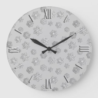 Grande Horloge Ronde Flammes de neige en argent 3-d sur un arrière - pl