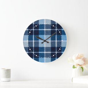 Grande Horloge Ronde Flanelle à Carreaux Bleu Blanc Confortable