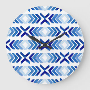 Grande Horloge Ronde Flèches bleu Rhombus Motif aquarelle
