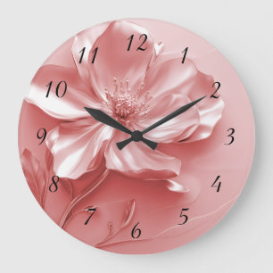 Grande Horloge Ronde Fleur 3D métallique rose brillant
