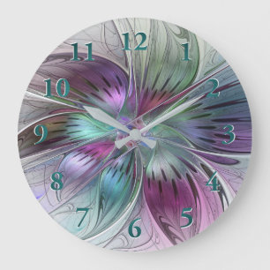 Grande Horloge Ronde Fleur Abstraite Colorée Art Fractal Floral Moderne
