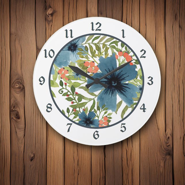 Grande Horloge Ronde Fleur bleu aquarelle avec baies roses (Créateur téléchargé)