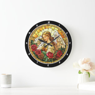 Grande Horloge Ronde Fleur céleste Vitrail Angel de verre floral Mur