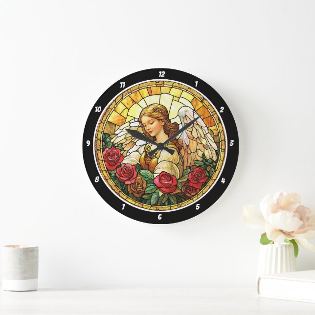 Grande Horloge Ronde Fleur céleste Vitrail Angel de verre floral Mur (Maison)