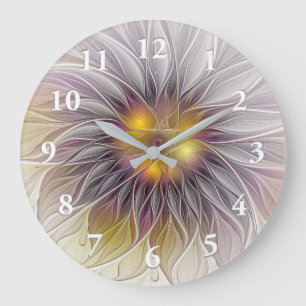Grande Horloge Ronde Fleur colorée lumineuse, fractale moderne abstrait