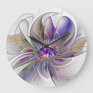 Grande Horloge Ronde Fleur d'art fractal abstrait énergique et coloré