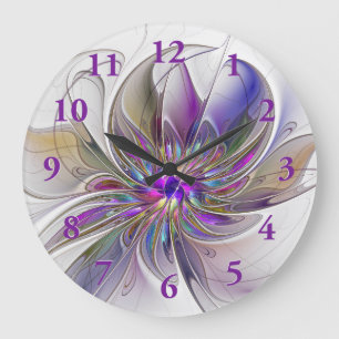 Grande Horloge Ronde Fleur d'art fractal abstrait énergique et coloré