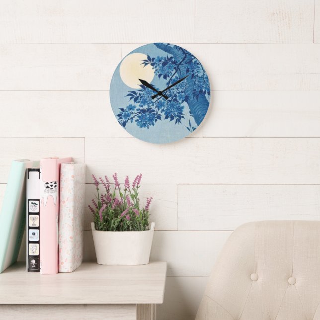 Grande Horloge Ronde Fleur de cerise sur une nuit éclairée par la lune  (Salle de lecture)