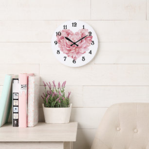 Grande Horloge Ronde Fleur de cœur rose tendre blanc