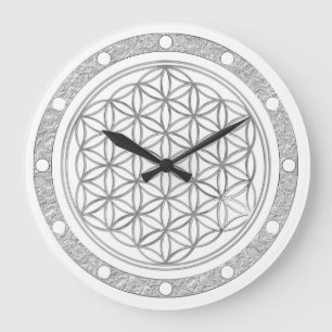 Grande Horloge Ronde FLEUR DE LA VIE - argent - anneau de visage d'horl