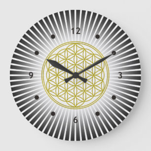 Grande Horloge Ronde Fleur de la vie / Blume des Lebens - rayons blancs