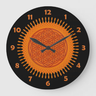 Grande Horloge Ronde Fleur de la vie - orange ensoleillée - visage