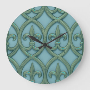 Grande Horloge Ronde Fleur de lis Bleu Et Vert
