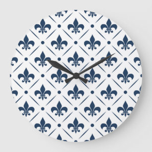 Grande Horloge Ronde Fleur De Lis bleu foncé motif sur arrière - plan b
