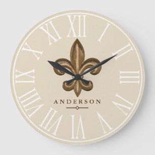 Grande Horloge Ronde Fleur de Lis et Taupe d'or classique  Personnalis
